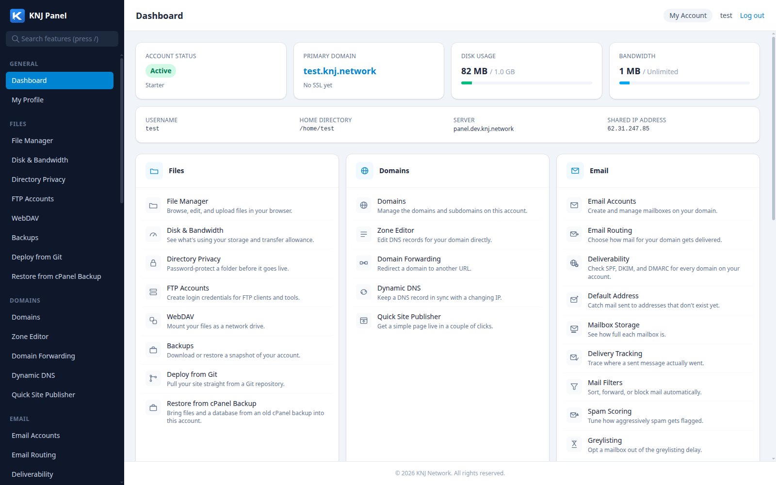 KNJ Panel customer Account dashboard screen