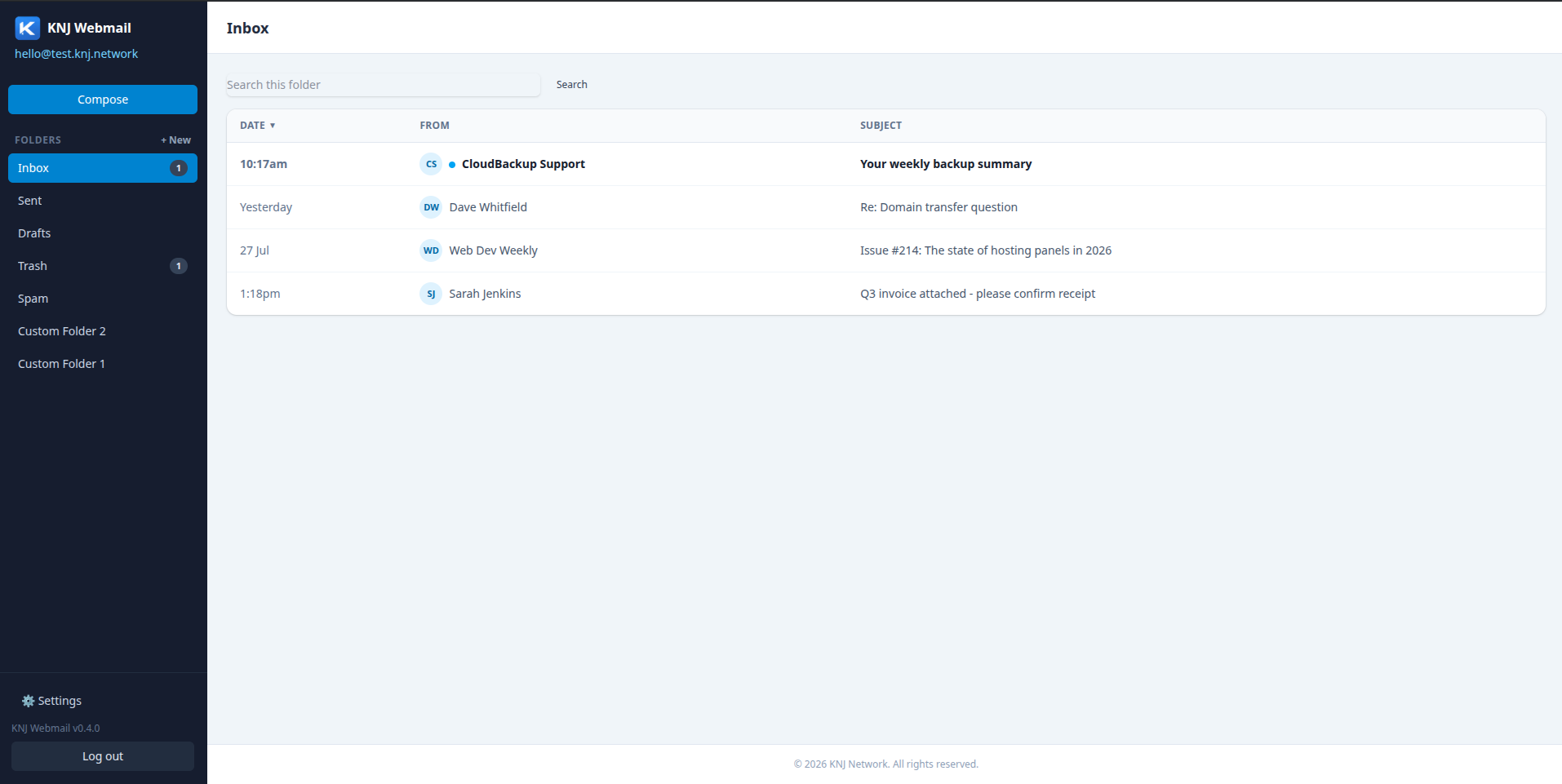 KNJ Webmail inbox screen